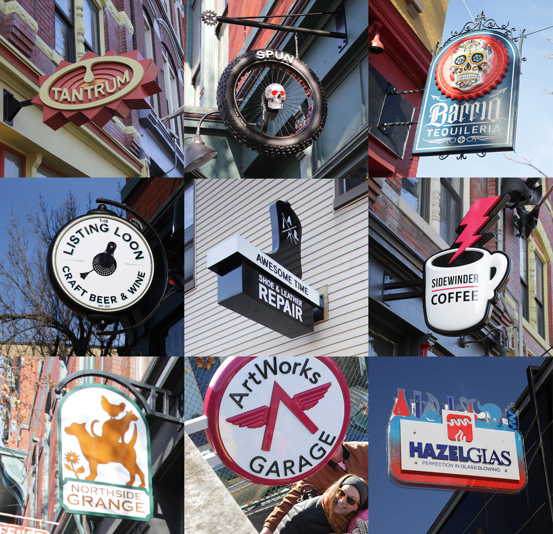 Nine CoSign-designed signs on businesses in Cincinnati