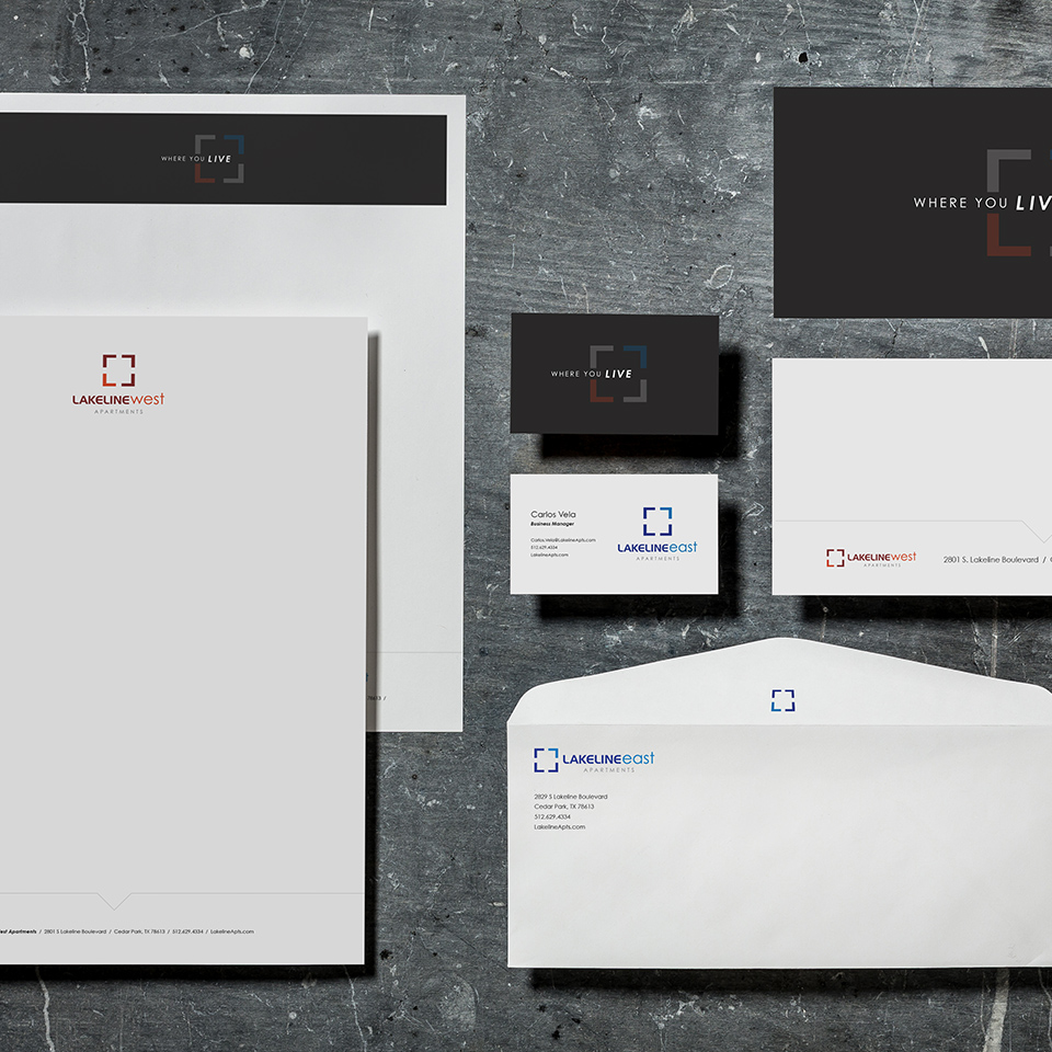 Lakeline Apartments statioinary, envelopes, and business cards