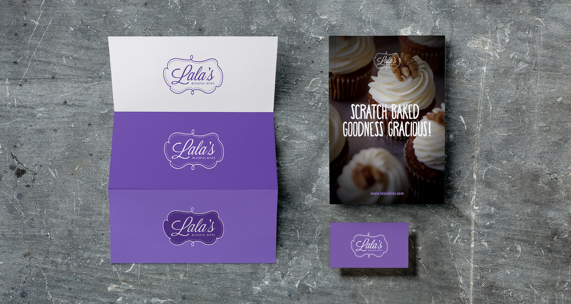 Lala's Blissful Bites business card, pamphlet, and handout