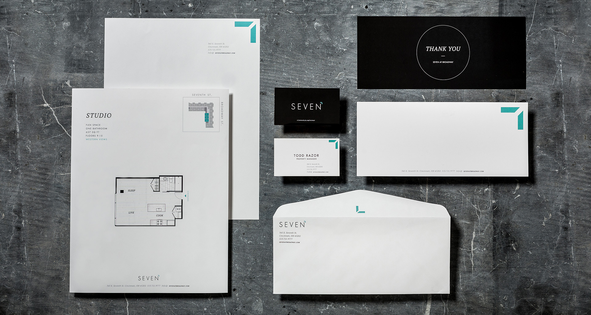 Seven at Broadway stationary, business cards, thank you letters designed by Bluestone Creative
